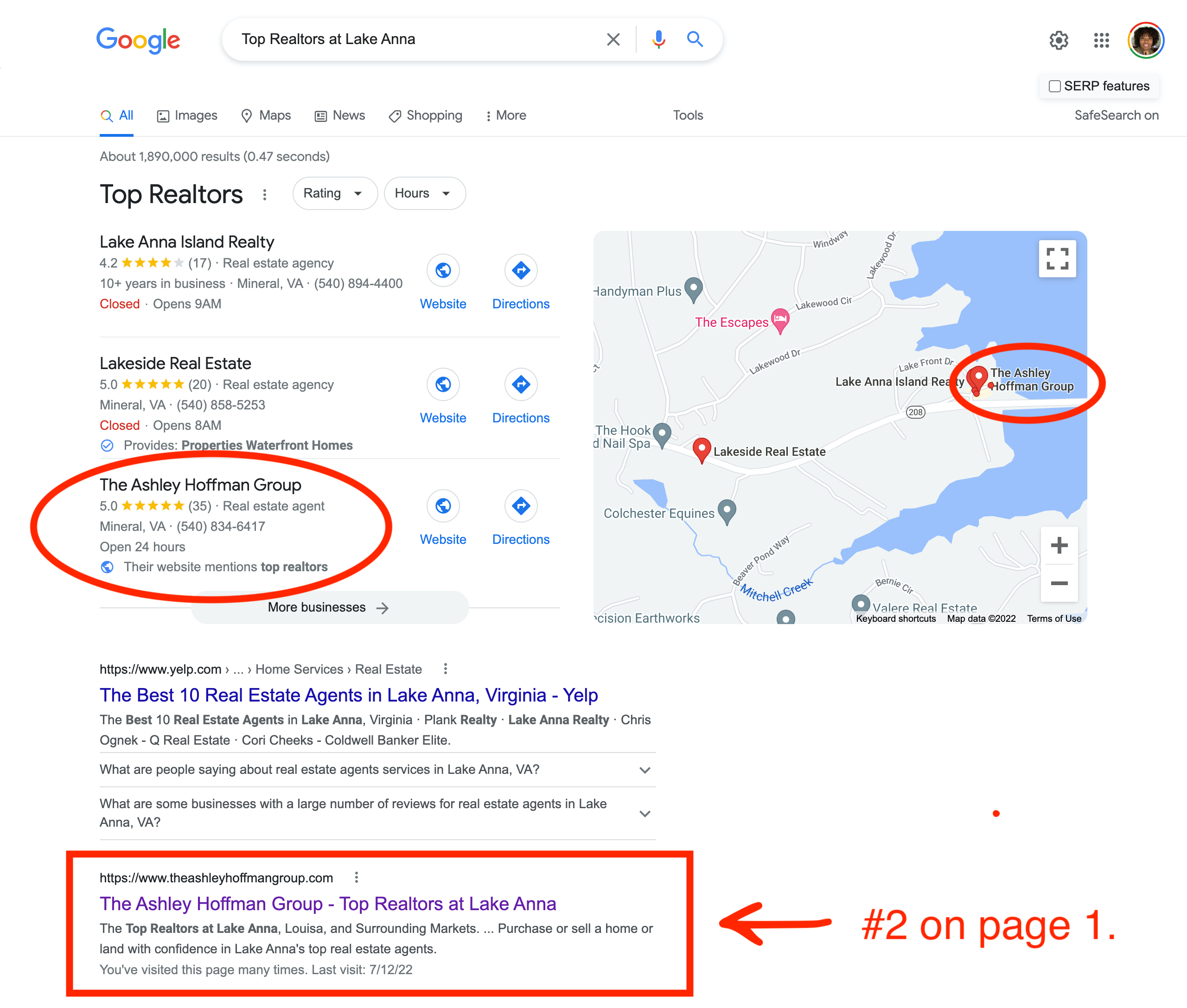Local SEO Real Estate keyword ranking in the number 2 spot on the first page of Google
